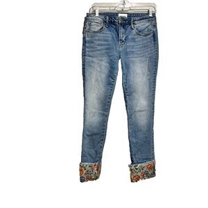 Driftwood Women's Colette Crop Jeans 26 Blue‎ Raw Hem Cuffed Floral Embroidered